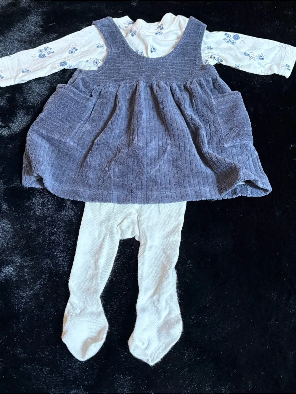 Girls Blue Corduroy Pinafore Dress with White Floral Top